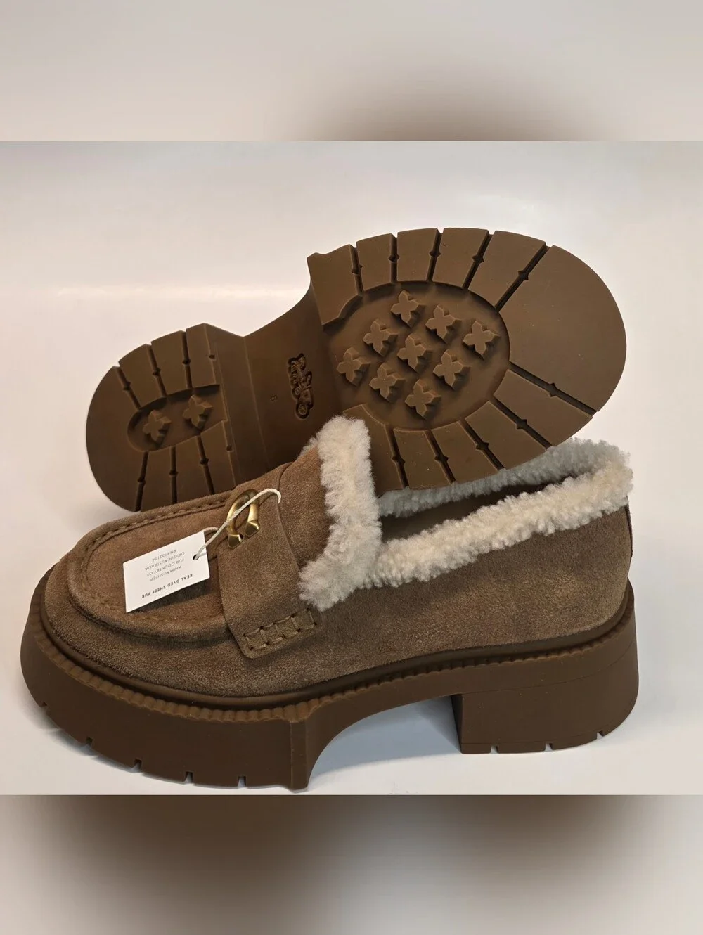 New Coach Leah Platform Shearling Loafer Casual Shoes Suede Women's Size 8